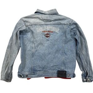 Harley Davidson Jacket Men's Large Blue Denim V-Twin Power Fleece Lined Y2K